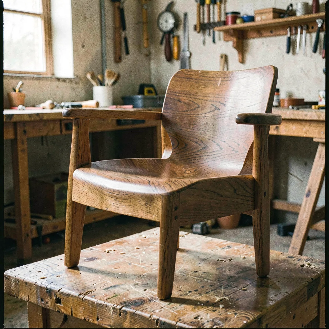 A finished oak armchair with a hand-shaped saddle seat