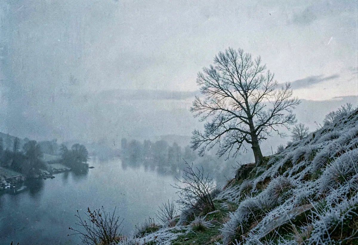 A single bare tree on a frosted ridge