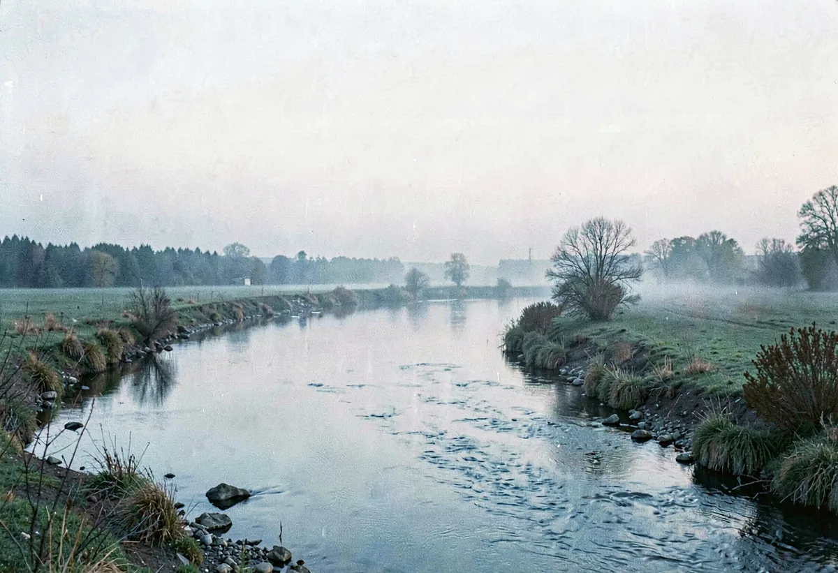 A river bend under a flat white sky