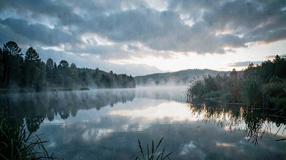 A still lake under low cloud just before sunrise