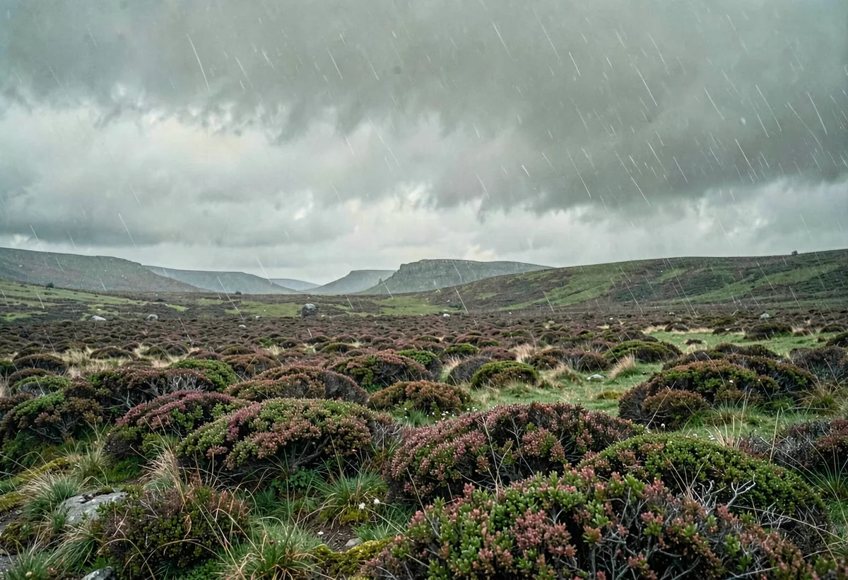 Low cloud breaking over a heather moor
