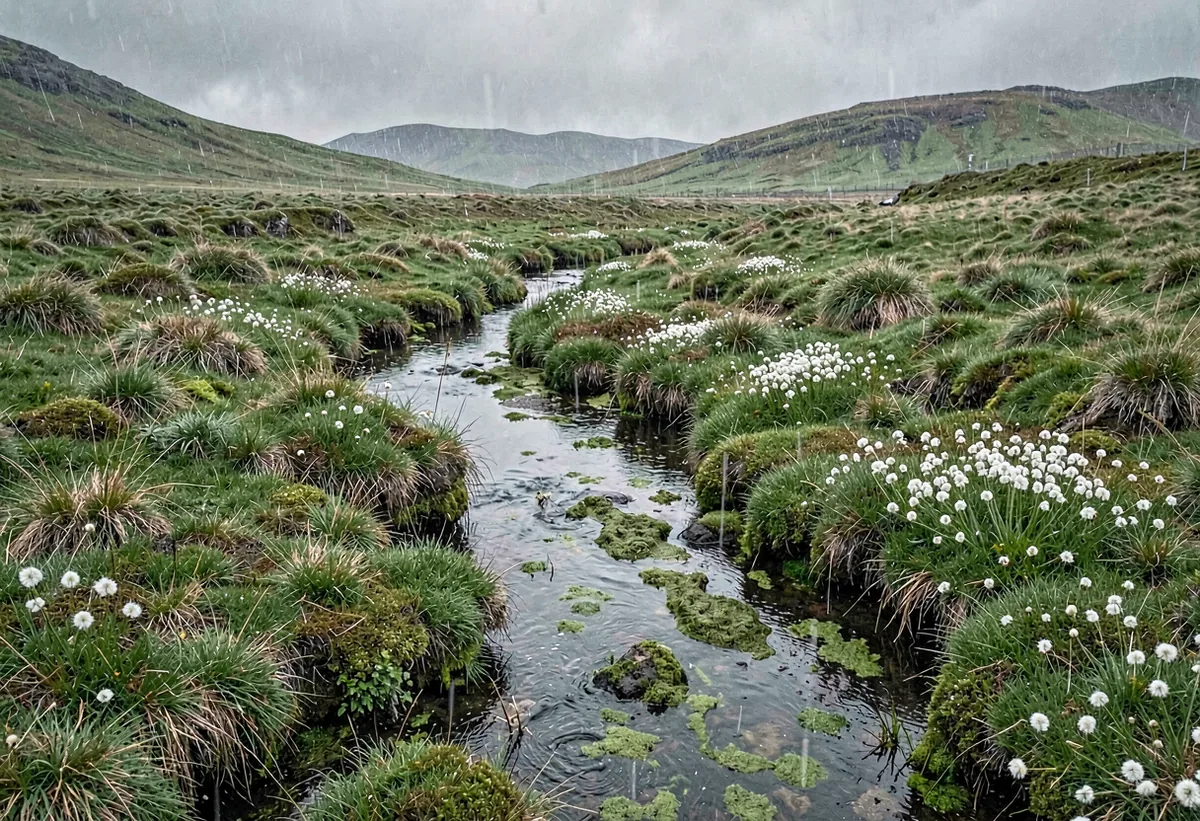 A peat-stained stream cutting through bog cotton