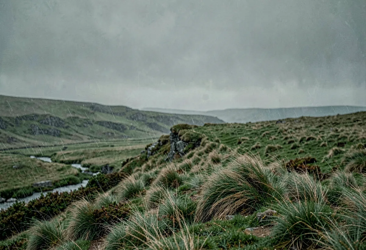 Wind-bent grass on an exposed ridge at dusk