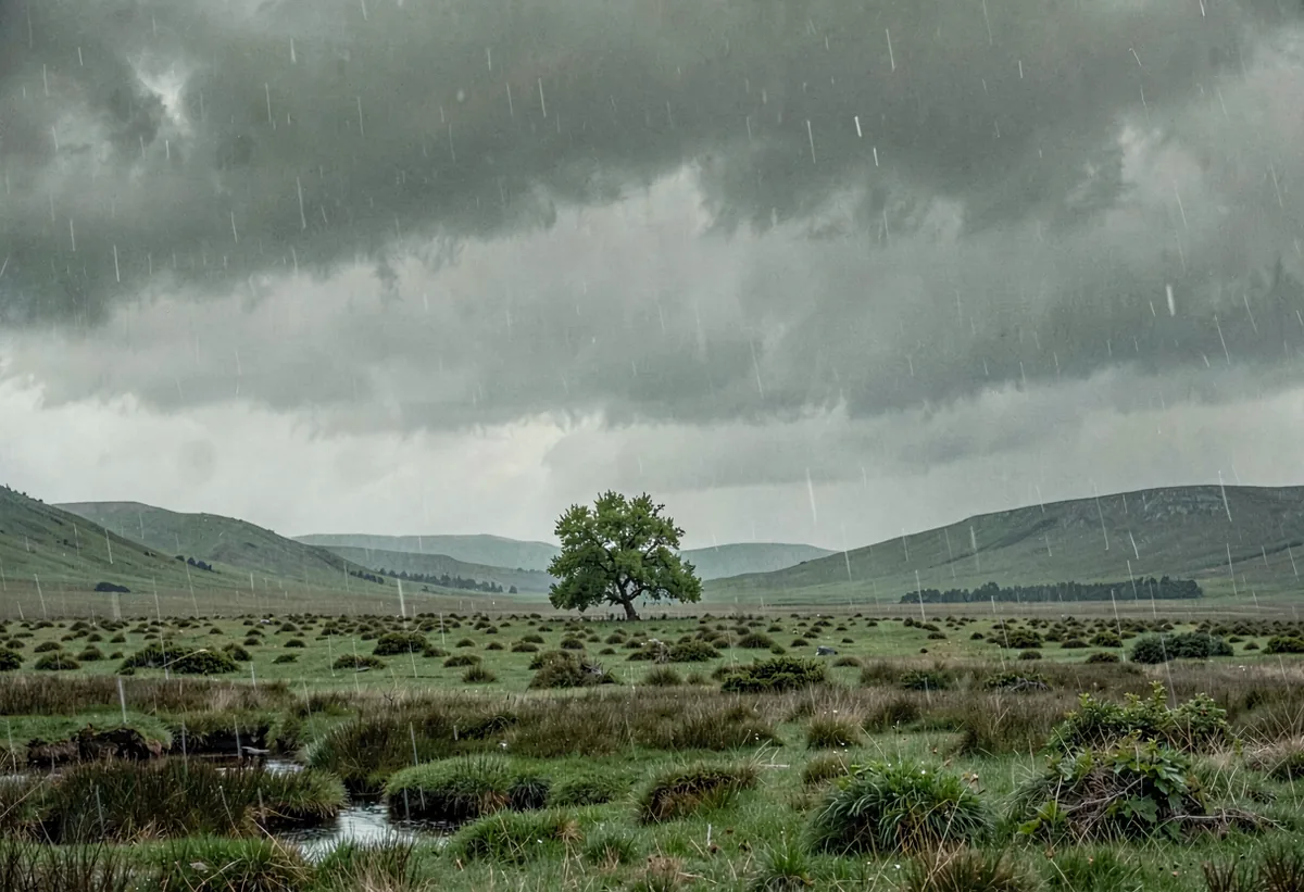 A lone rowan on open fellside under heavy sky