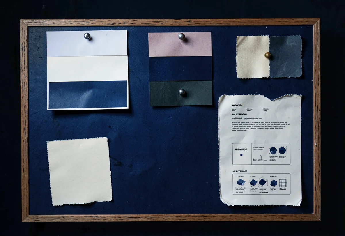 A pinboard of swatches, type proofs, and torn paper