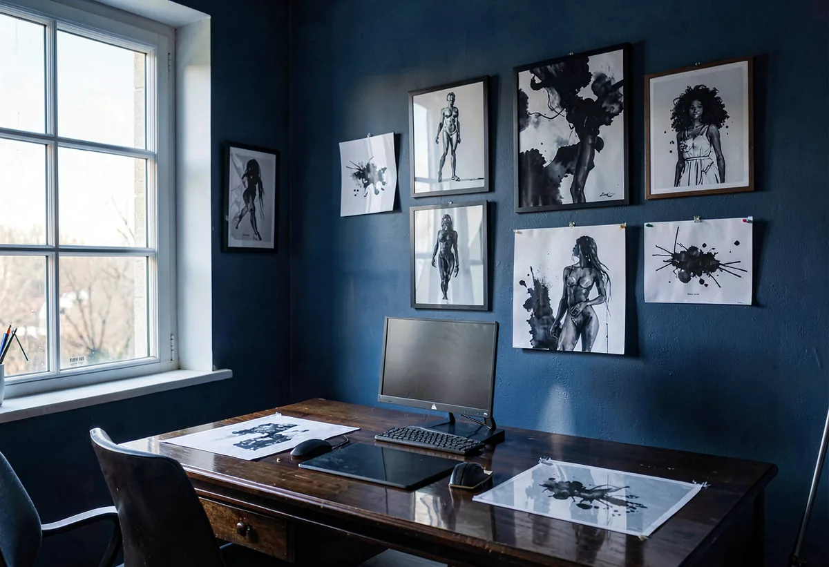 Studio desk under a north-facing window, prints pinned to the wall