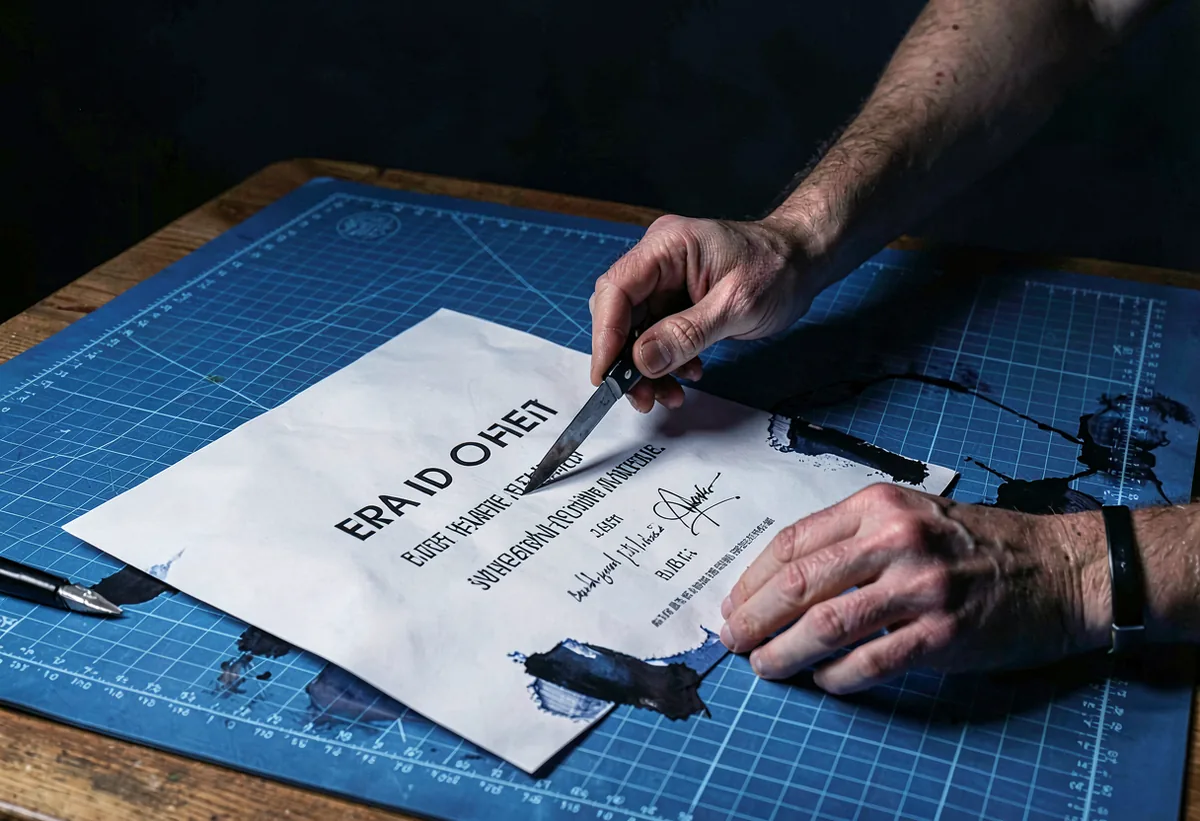 Hands trimming a printed proof on a cutting mat