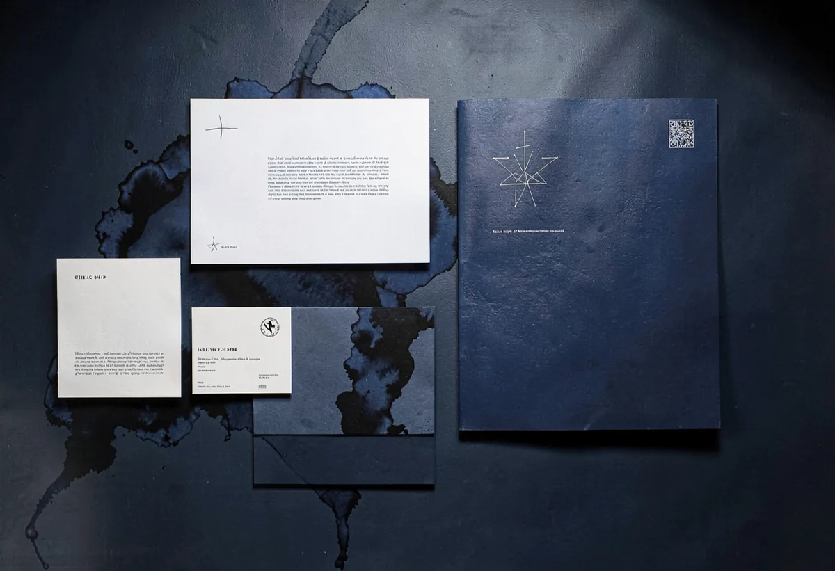 A muted identity system laid out across stationery