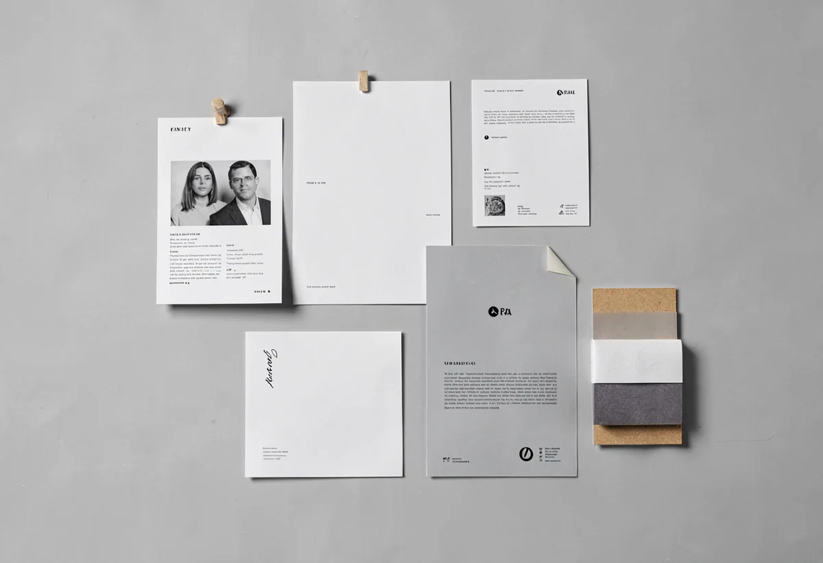 A wide studio shot of pinned proofs and material samples