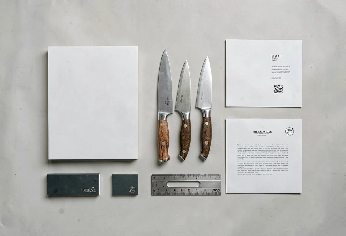 An overhead of a worktable mid-layout, knives and rulers