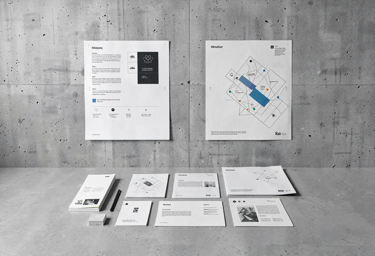 Large-format wayfinding graphics on a concrete wall