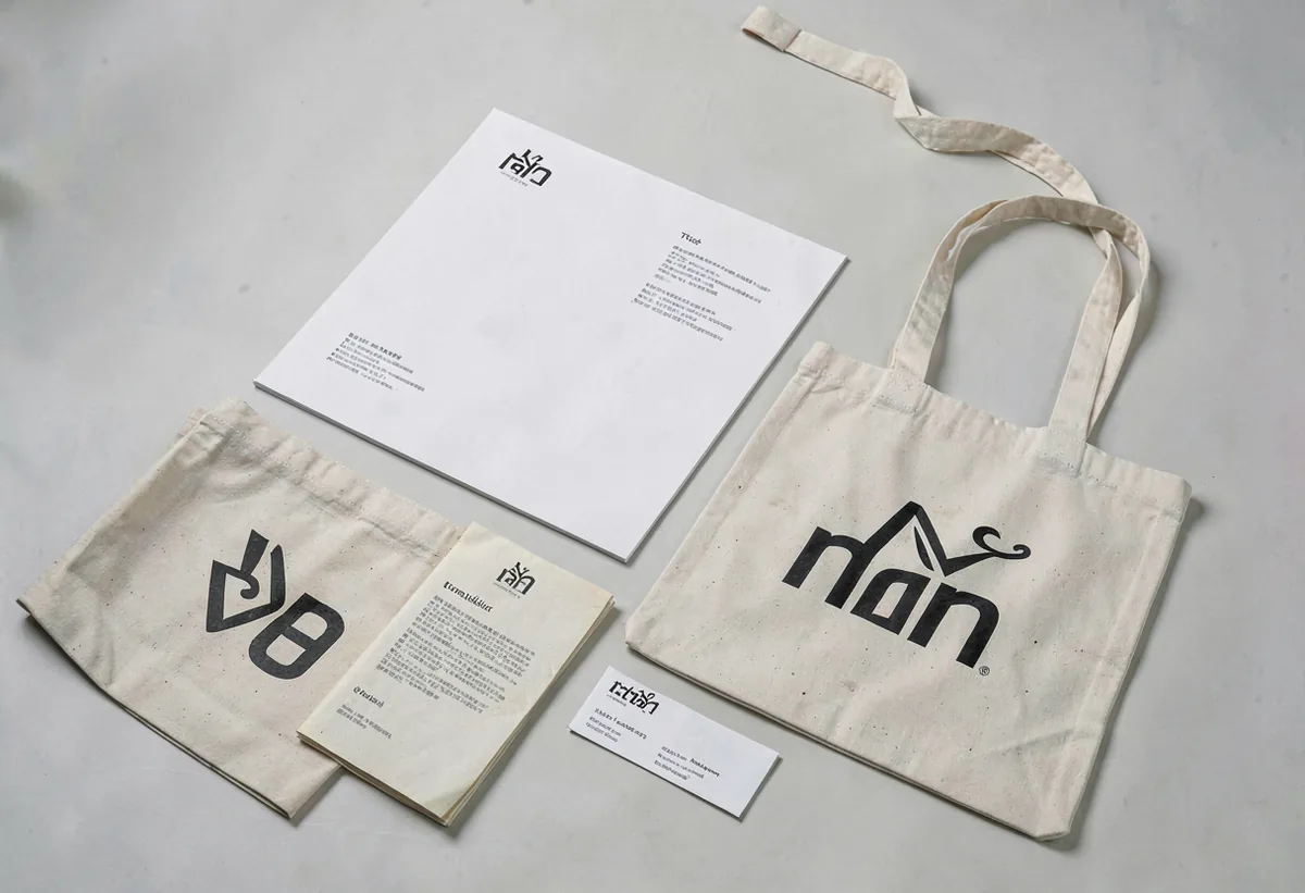 The same mark printed on tote bags and receipts