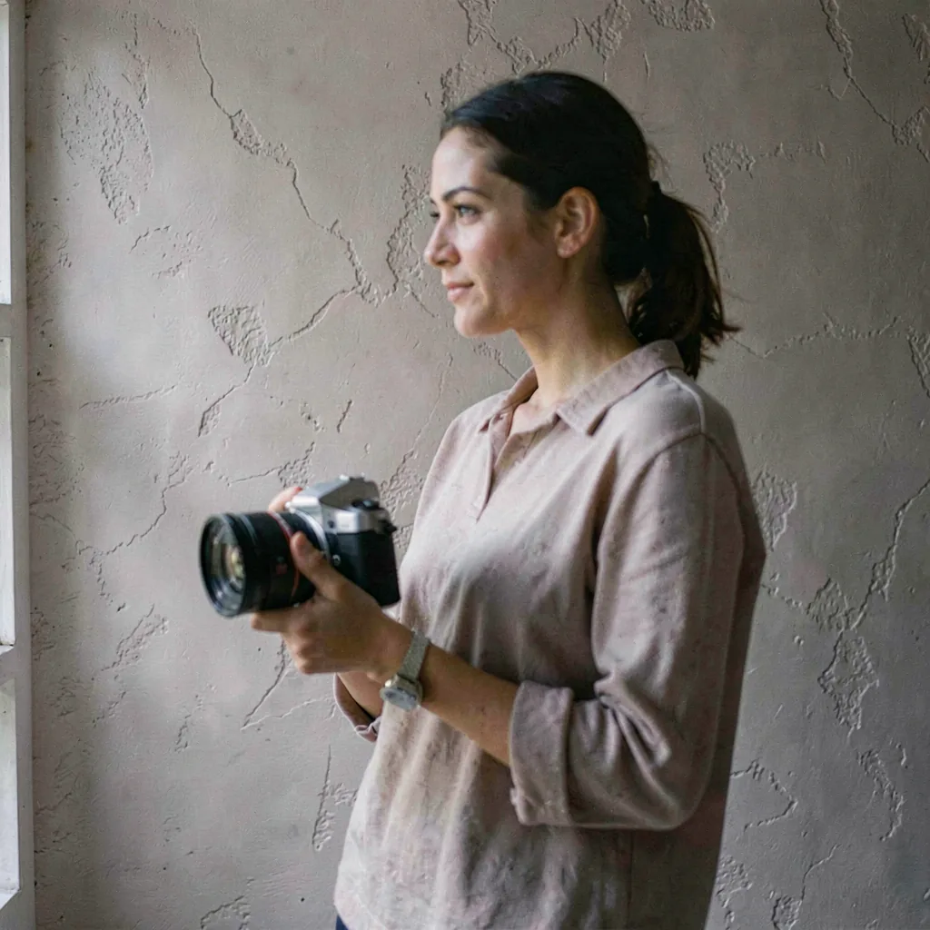 A portrait photographer framed in soft window light against a plain studio wall