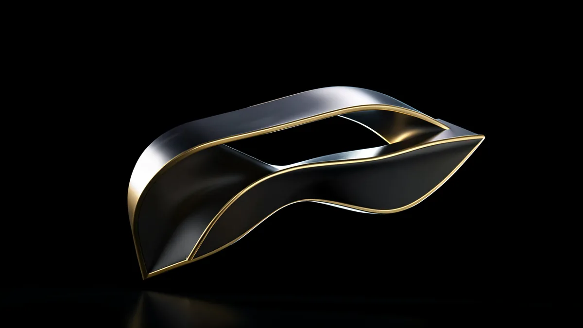 A 3D look-development render of a metallic form on black