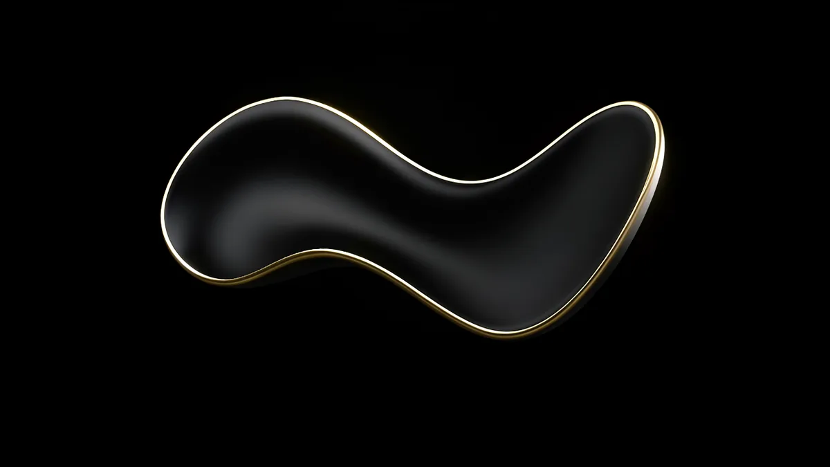A sleek matte-black 3D form with a single gold edge-light on black