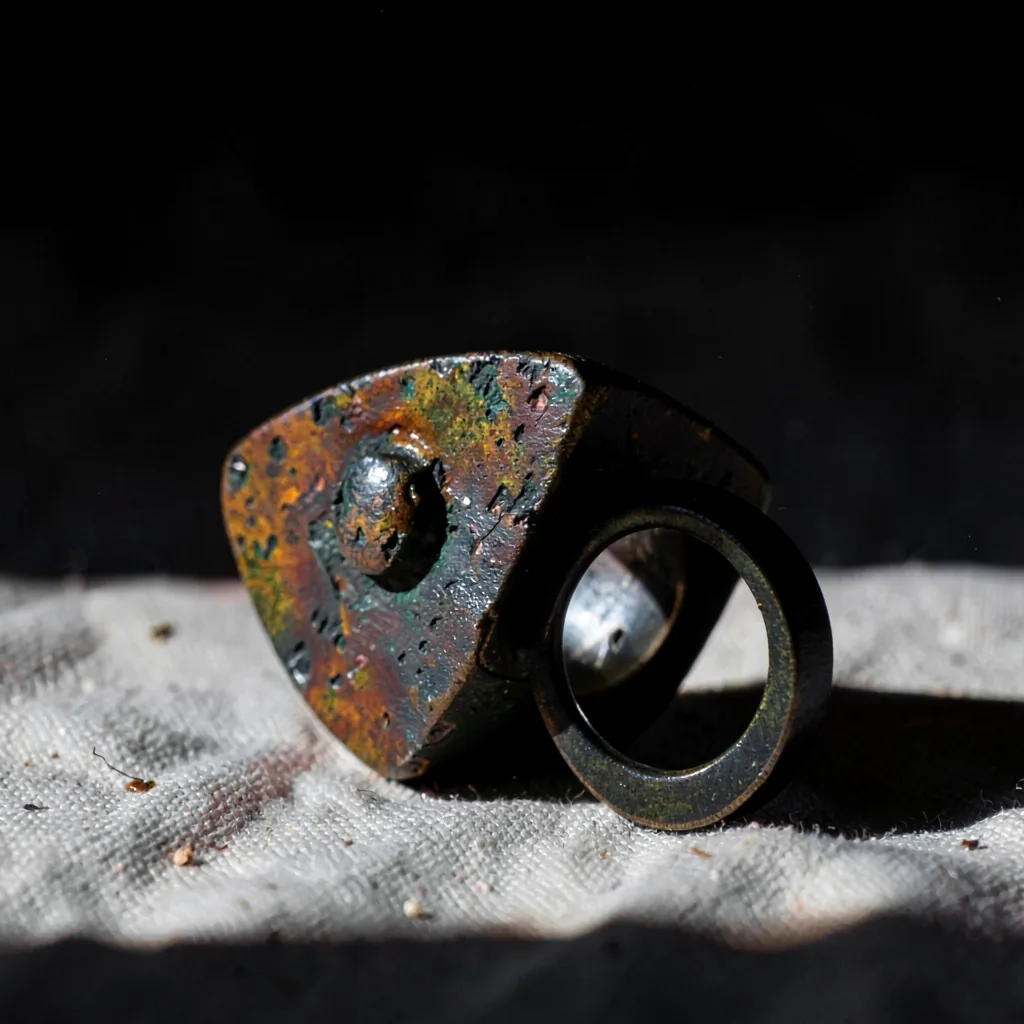 Blackened bronze signet ring on a linen ground