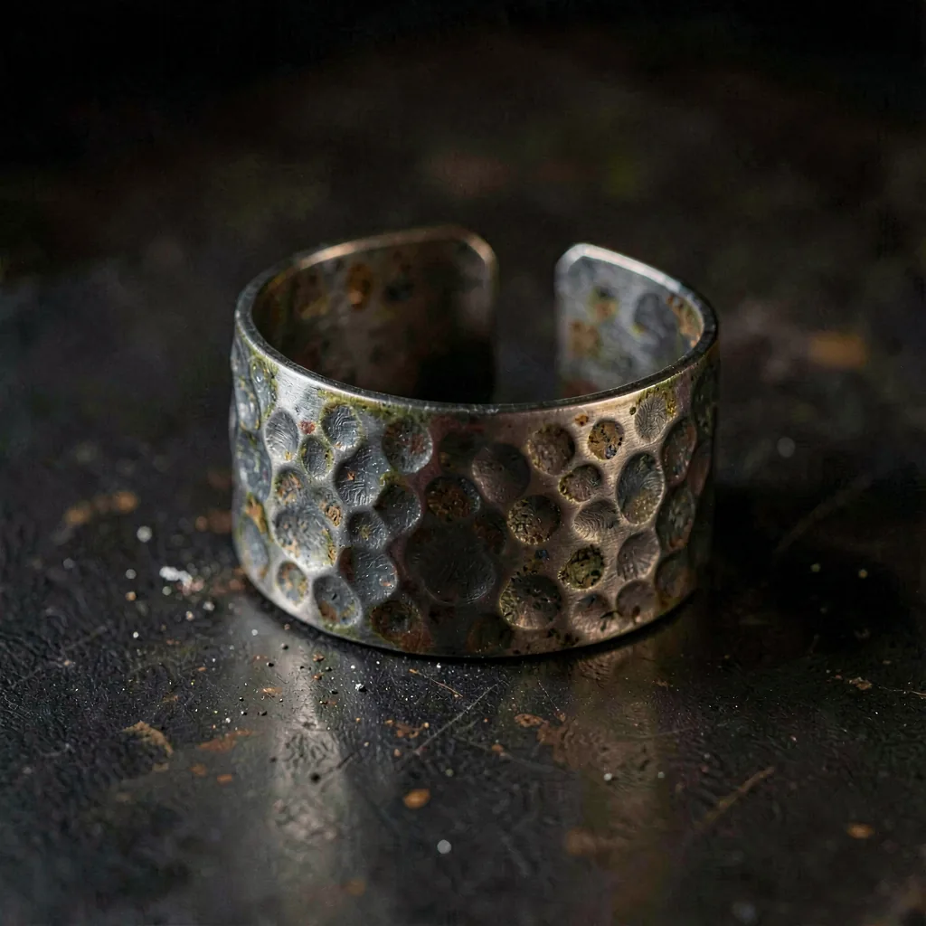 Hammered silver cuff with a brushed finish