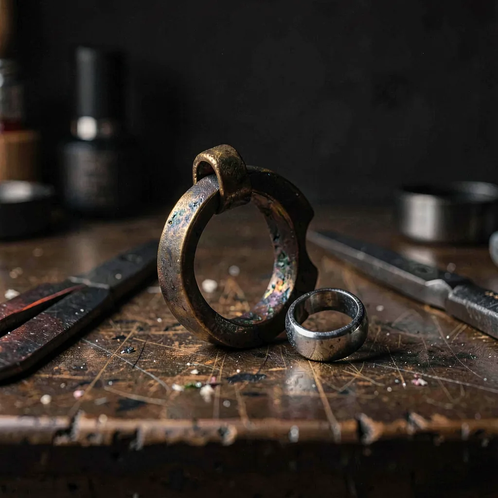 Bench close-up with files and a half-made ring