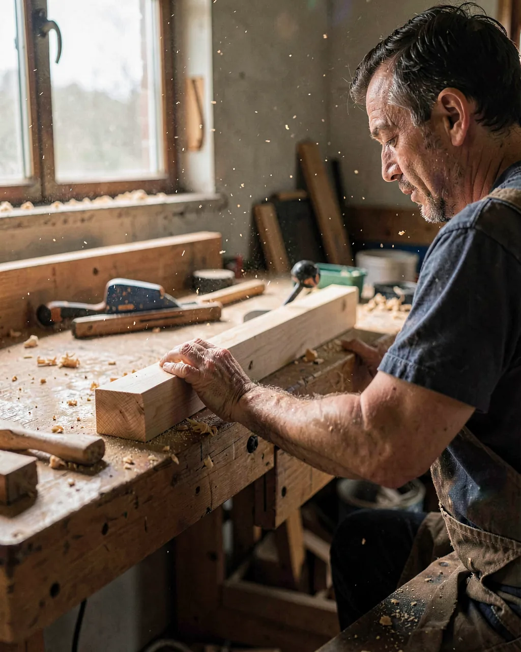 A furniture maker at a timber workbench, planing the edge of an oak board in low workshop light