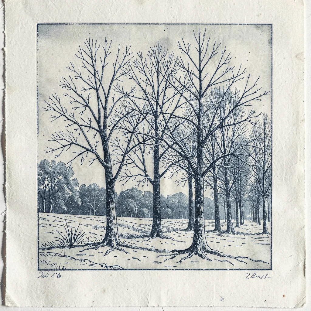 A fine line etching of bare winter trees