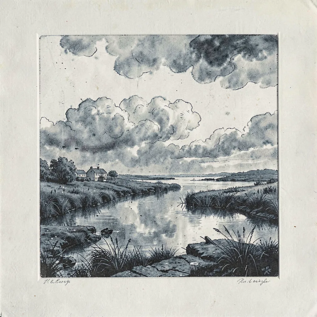 An aquatint of a clouded estuary
