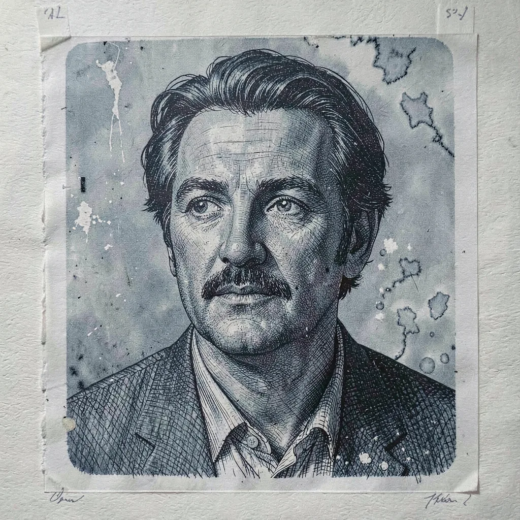 A drypoint portrait in close hatching