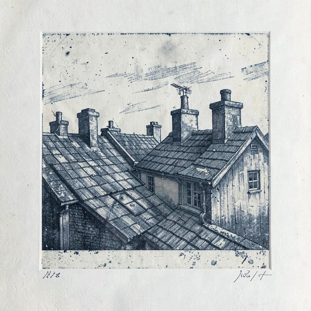 An etched study of rooftops and chimneys