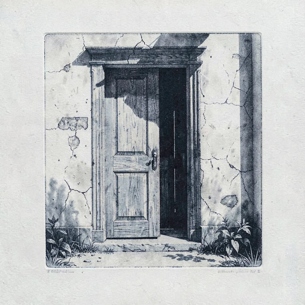 A plate-toned etching of a quiet doorway