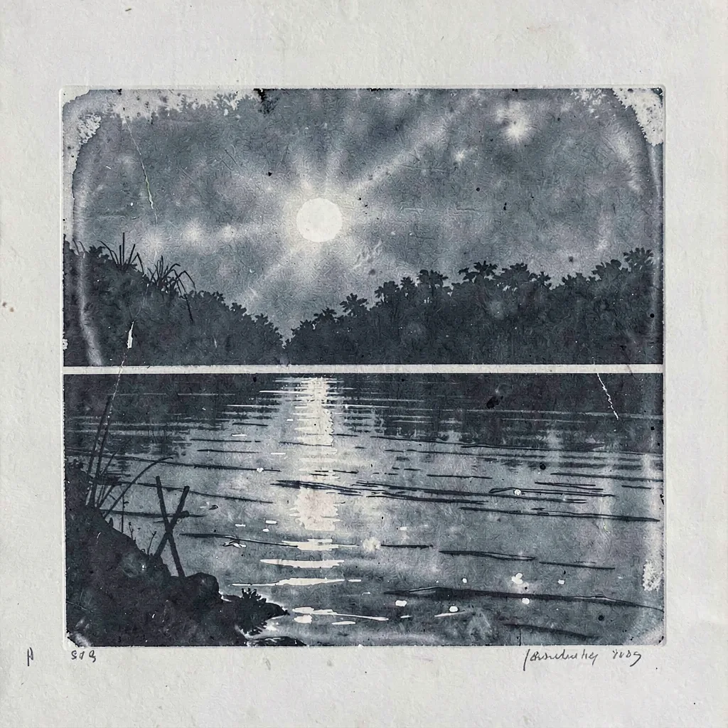 A loose monotype of morning light on water