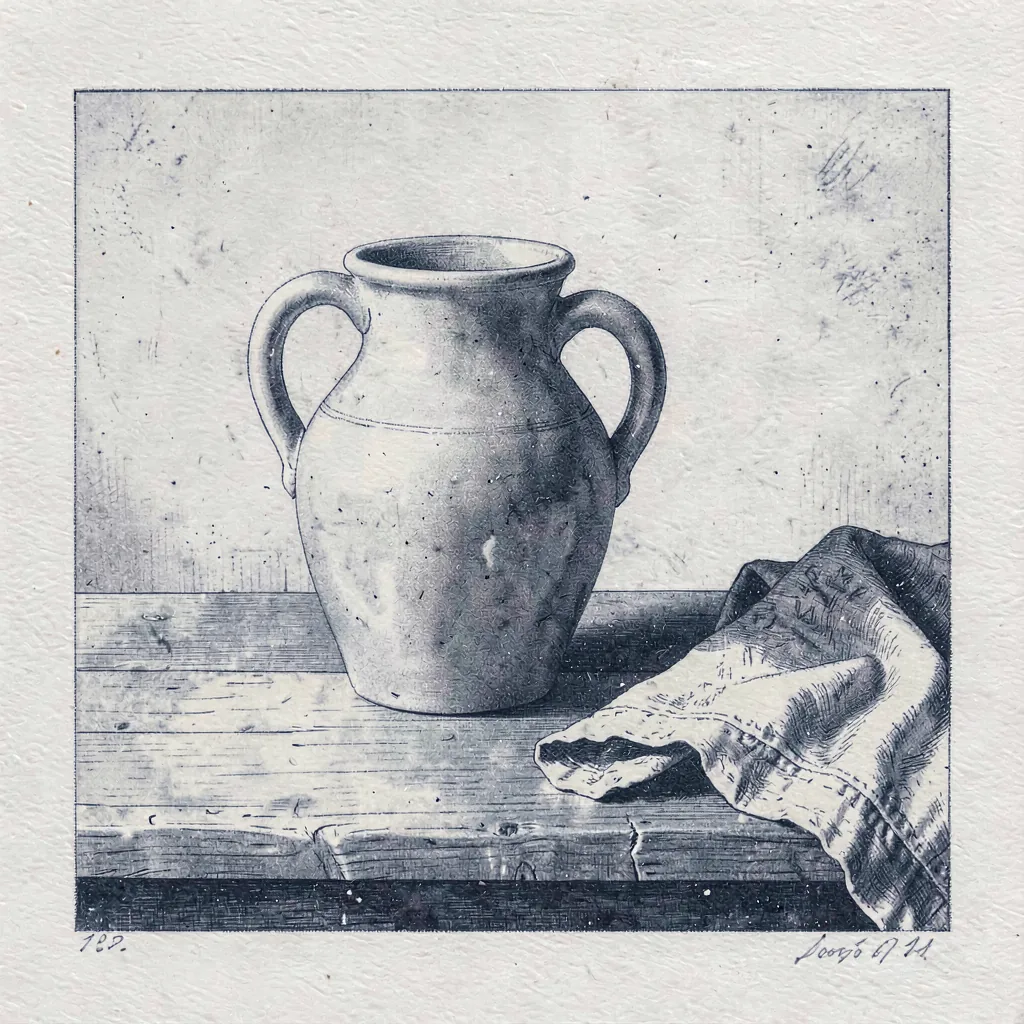 A still-life monotype of a jug and folded cloth in muted blues