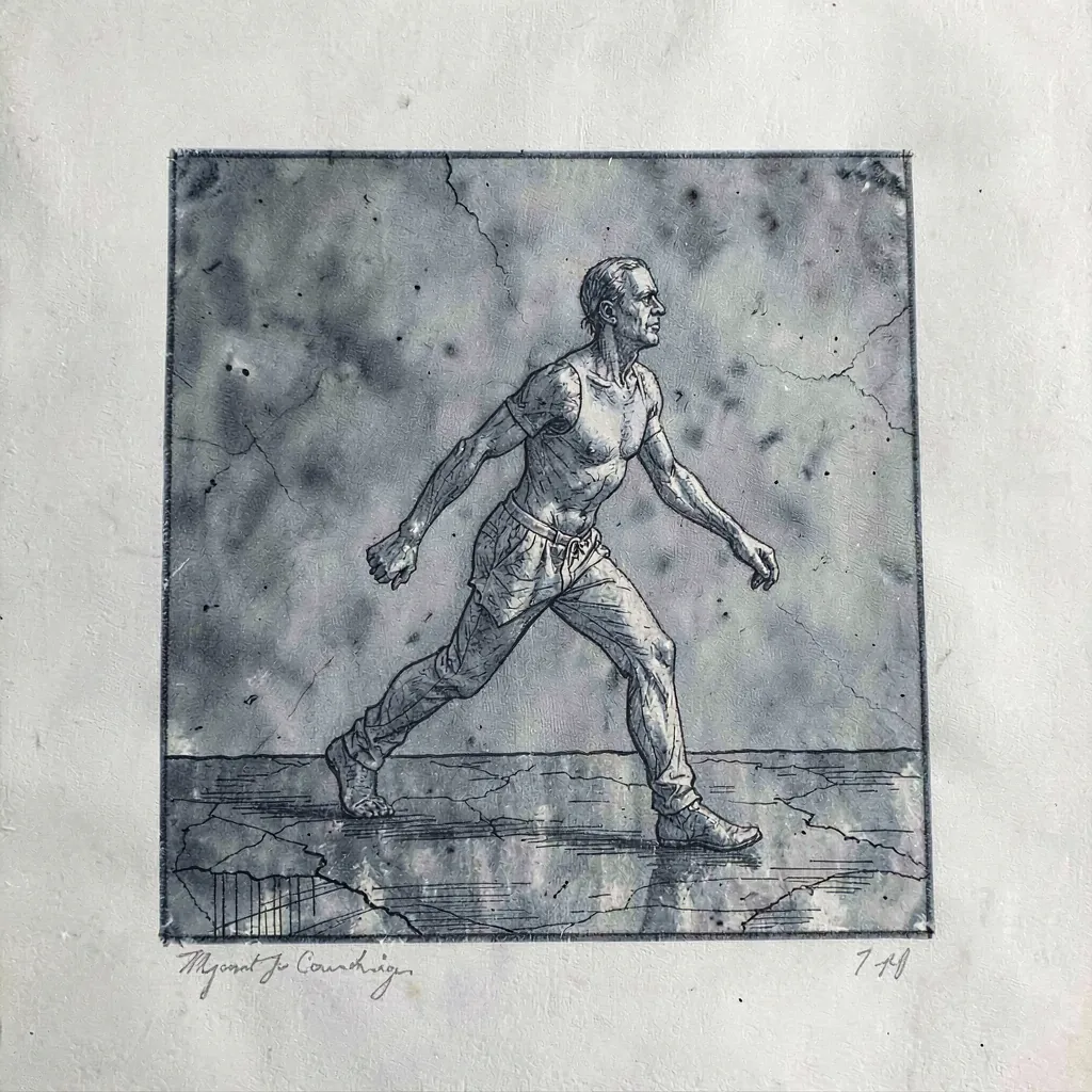 A monotype of a figure crossing a square