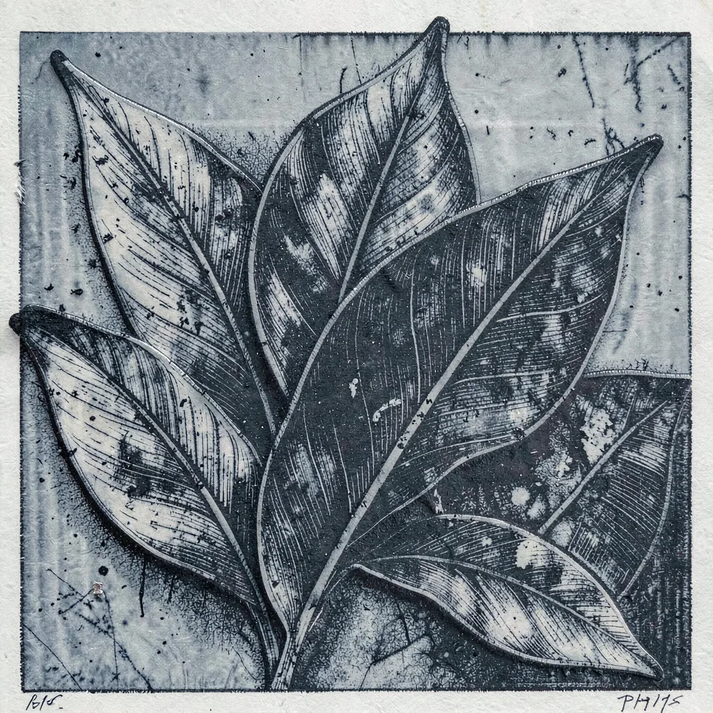 A two-colour linocut of overlapping leaves