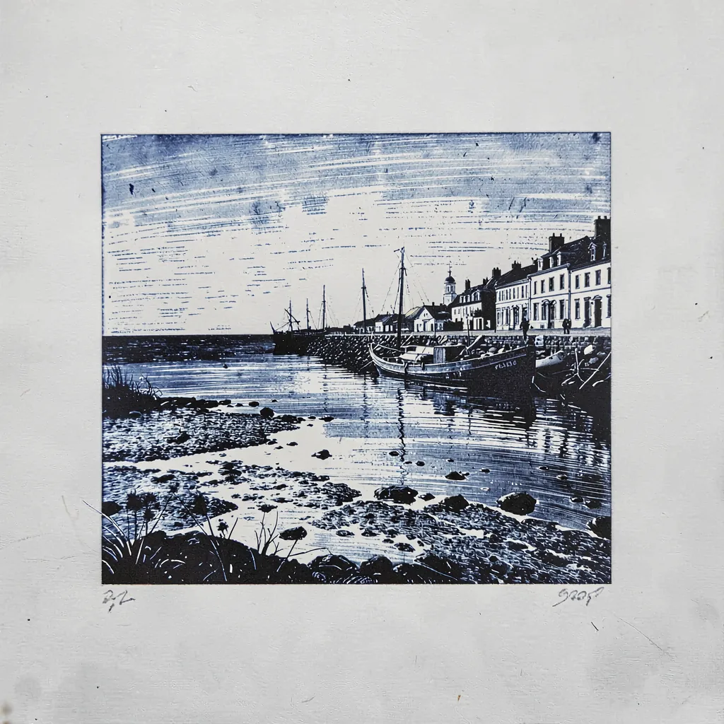A bold woodcut of a harbour at low tide