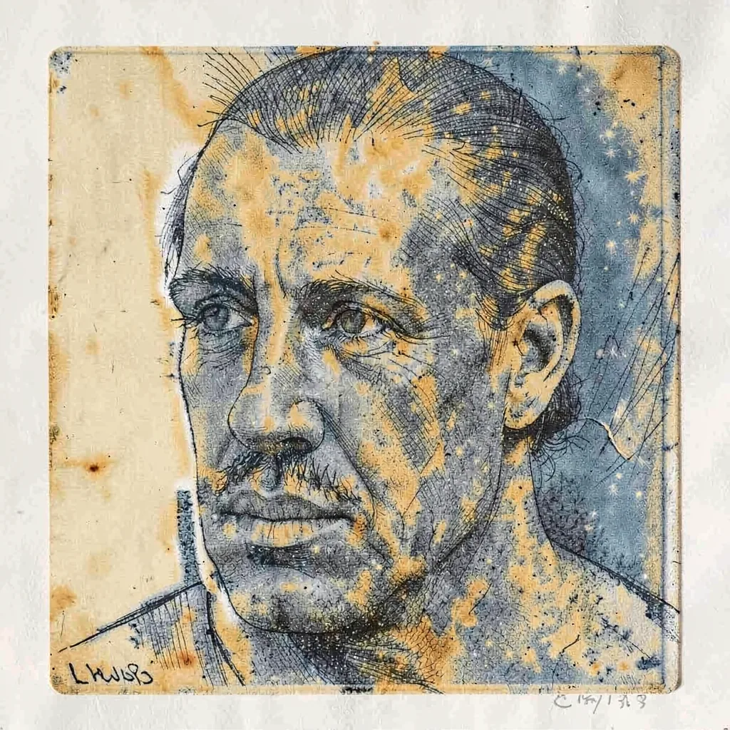 A reduction print in ochre and black