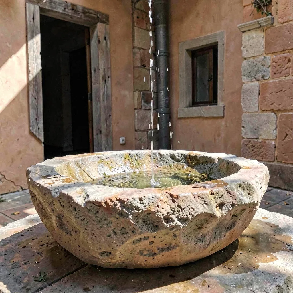 A carved stone basin catching rainwater in a courtyard