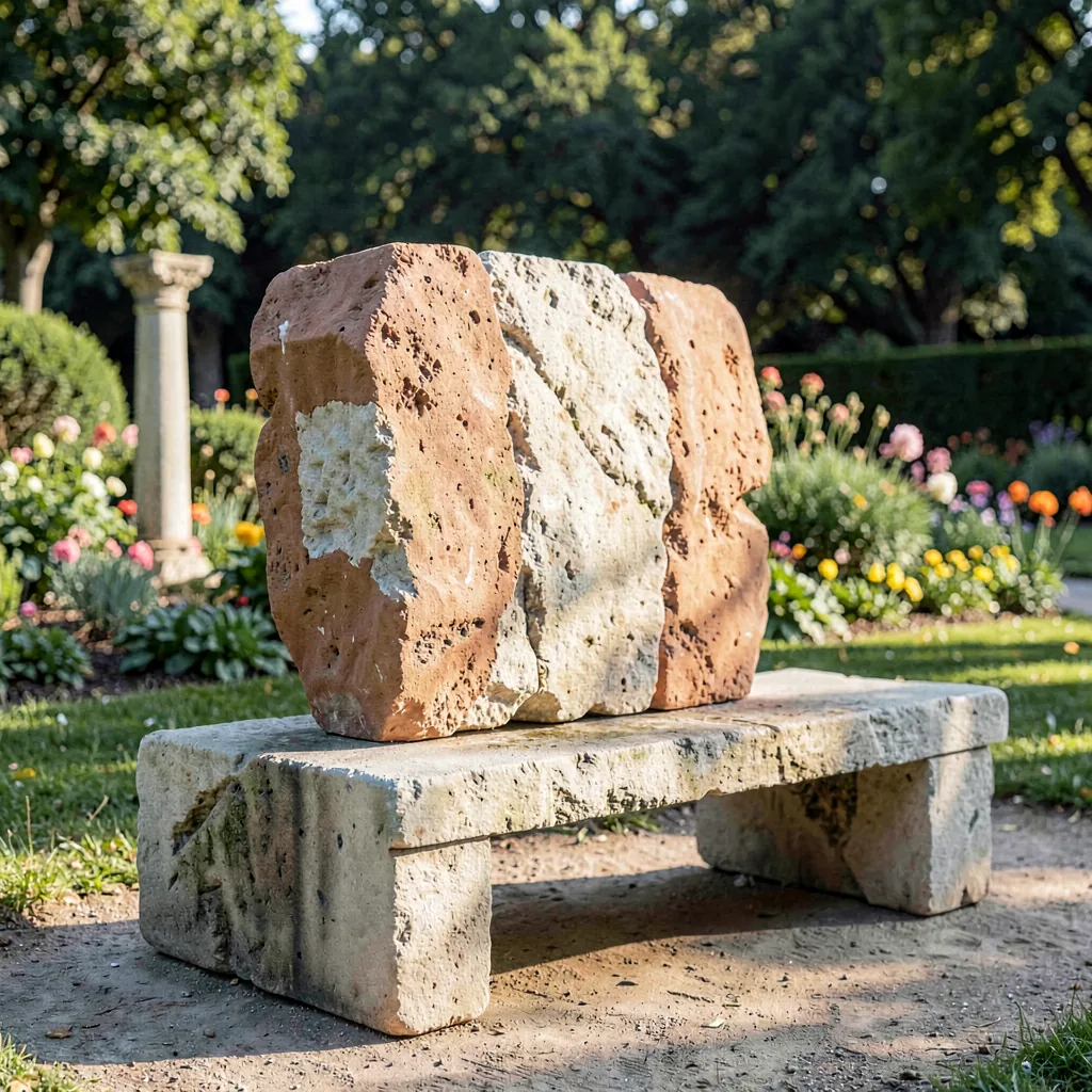 A low limestone bench installed in a public garden