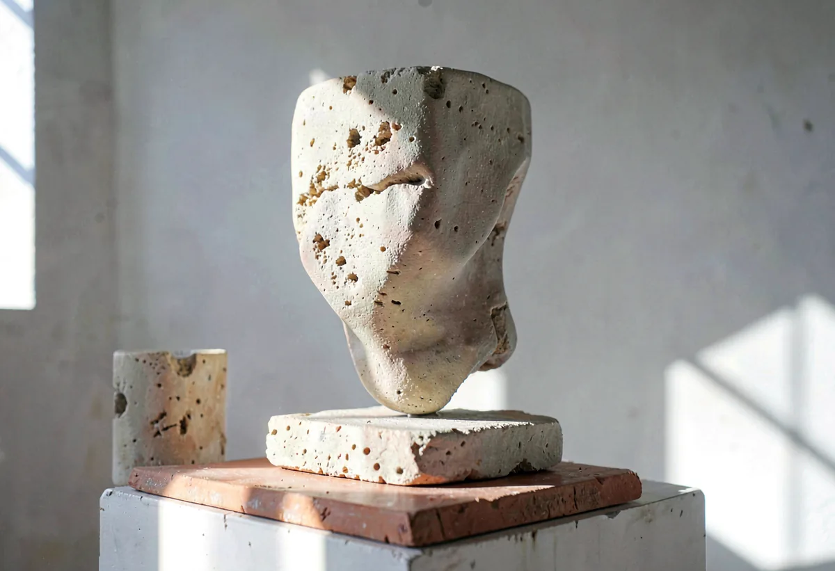 A pale limestone form standing on a low plinth in daylight