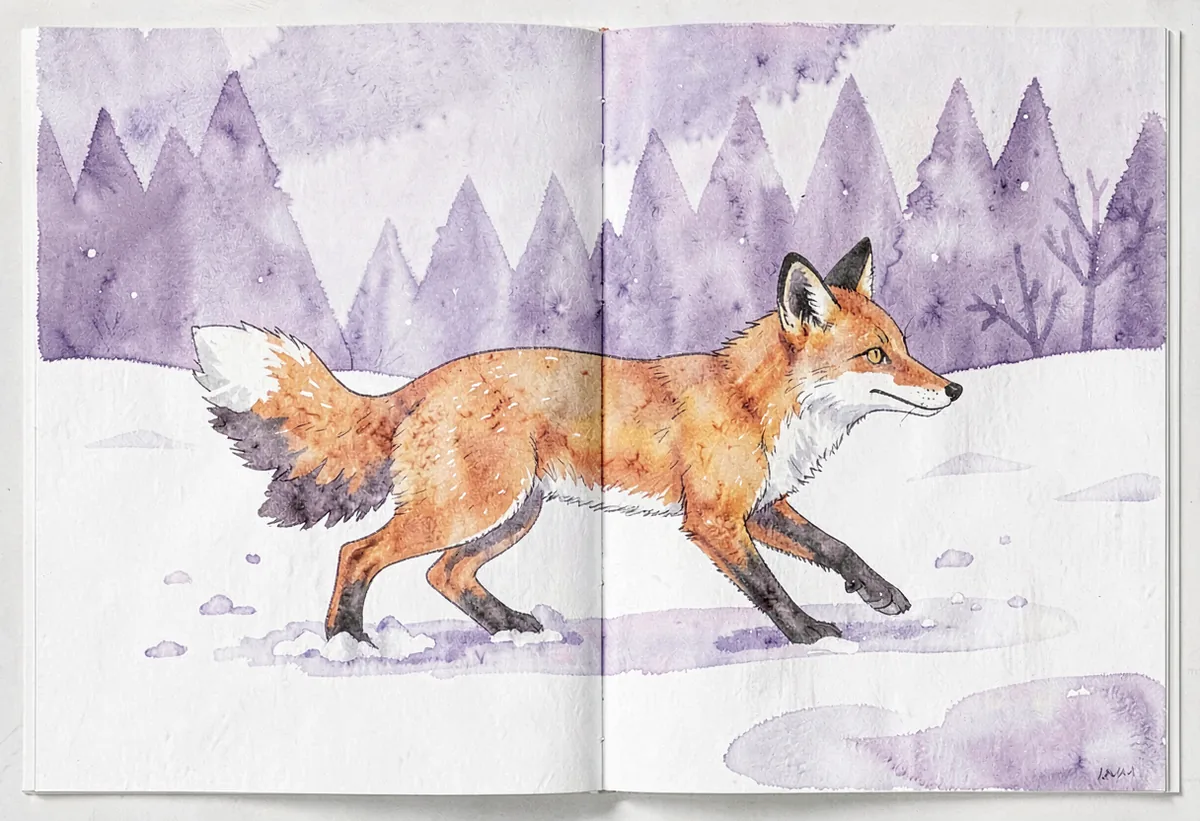 A double-page picture-book spread of a fox crossing a snowfield