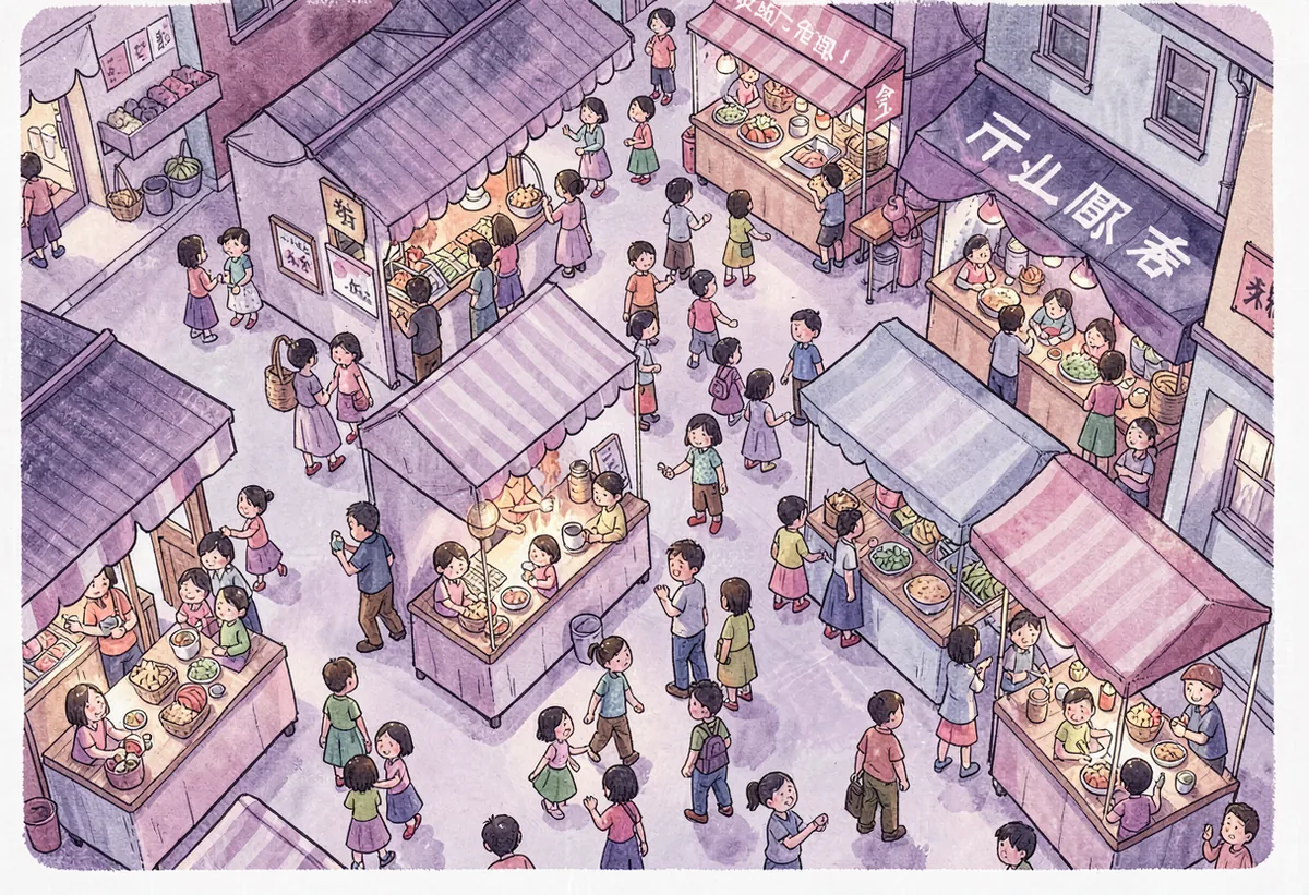A magazine illustration of a crowded night market from above