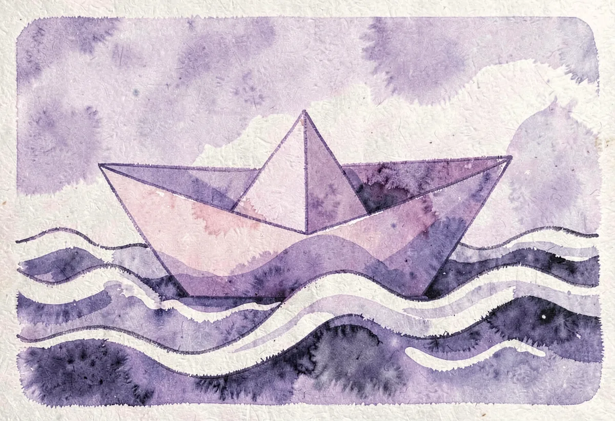 A three-colour risograph poster of a paper boat on waves