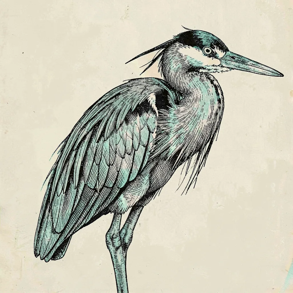 Crosshatched portrait of a heron in profile