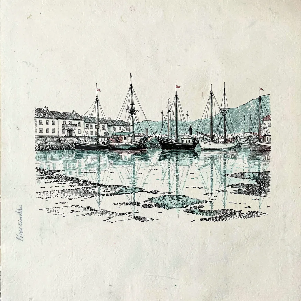 Line drawing of a harbour at low tide