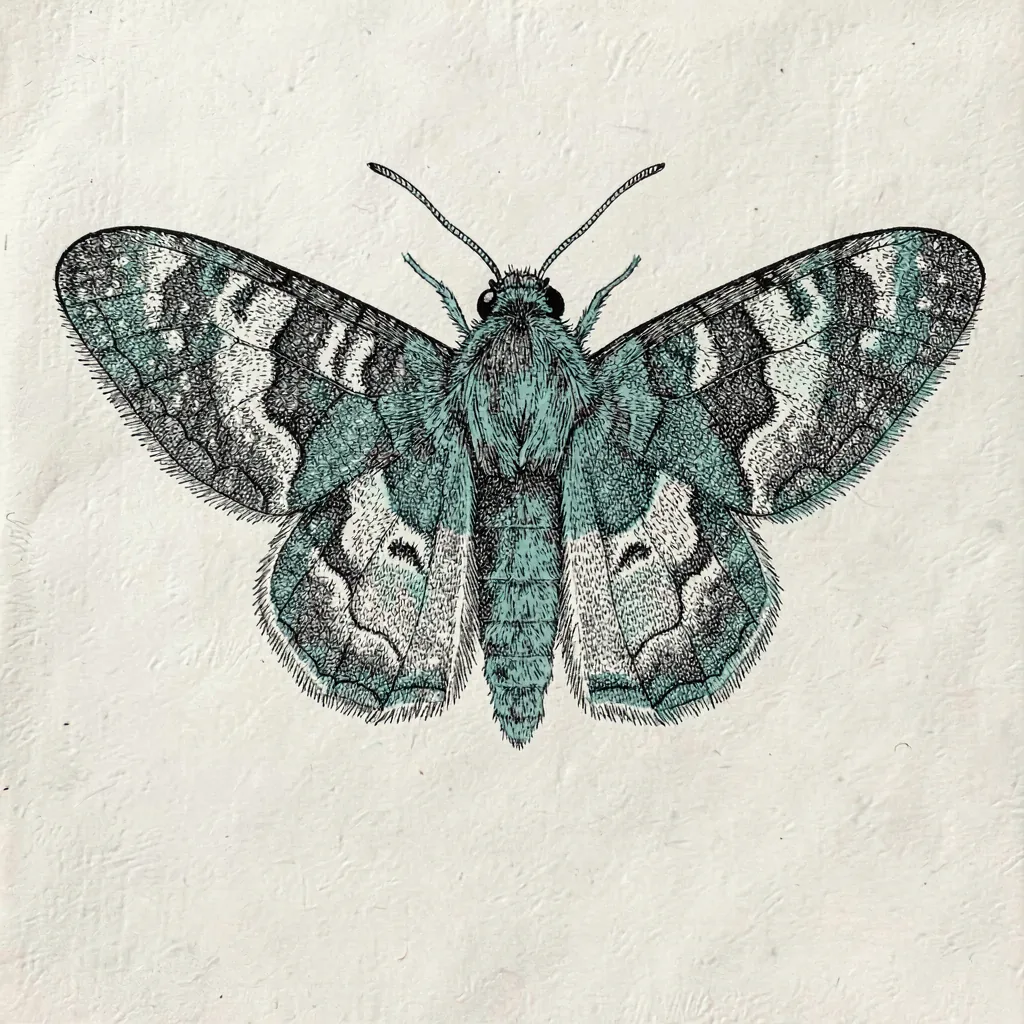 Dense stippled illustration of a moth