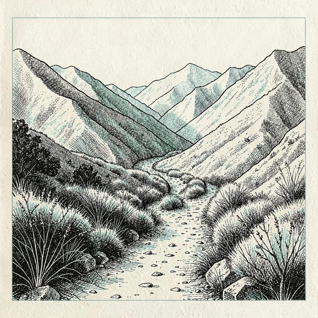 Pen sketch of a winding mountain path