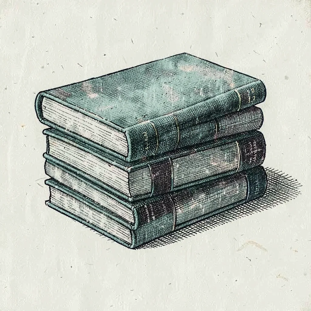 Crosshatched still life of a stack of books