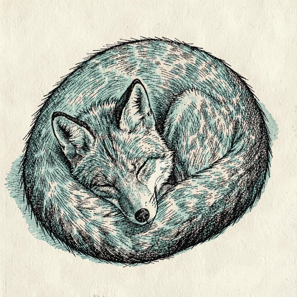Ink portrait of a fox curled asleep