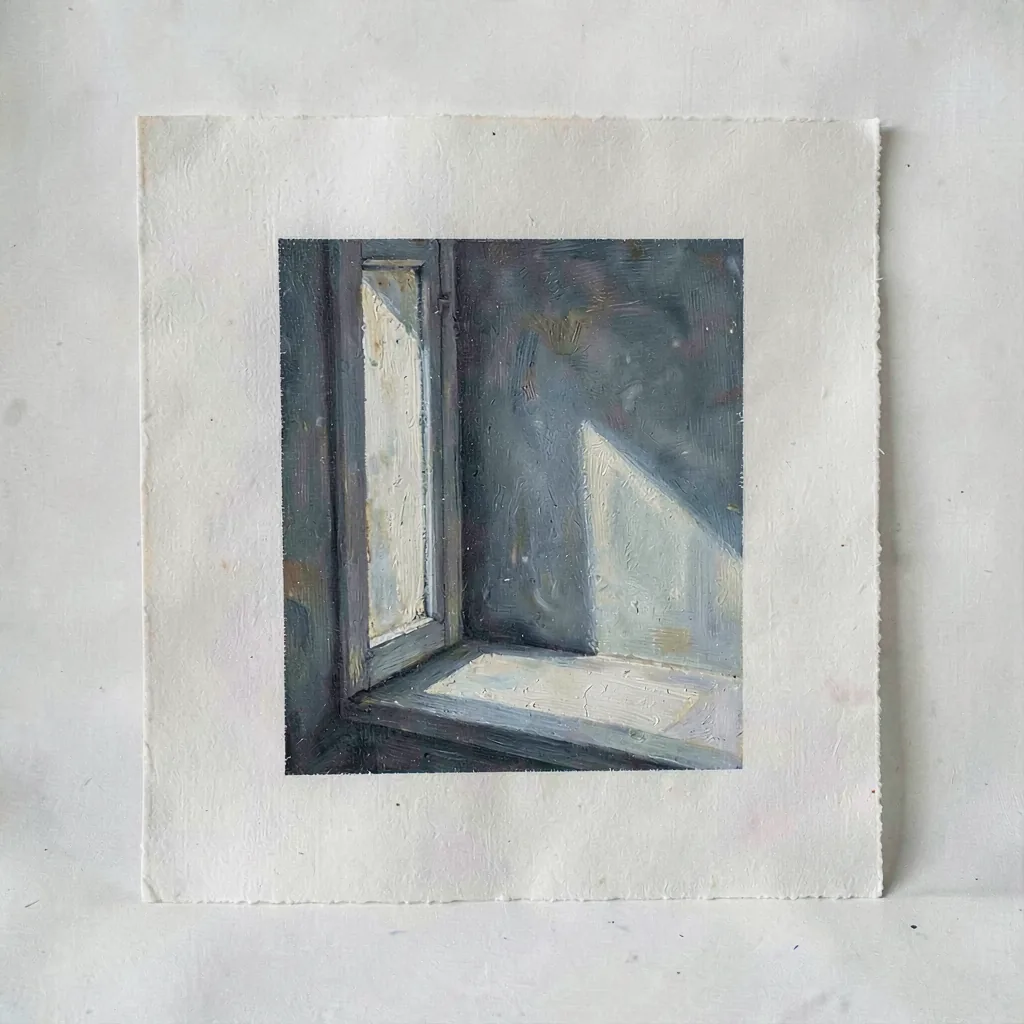 A small oil painting of a sunlit windowsill