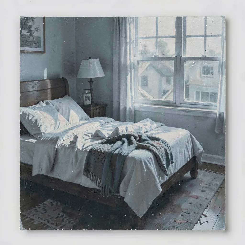 Morning light across an unmade bed