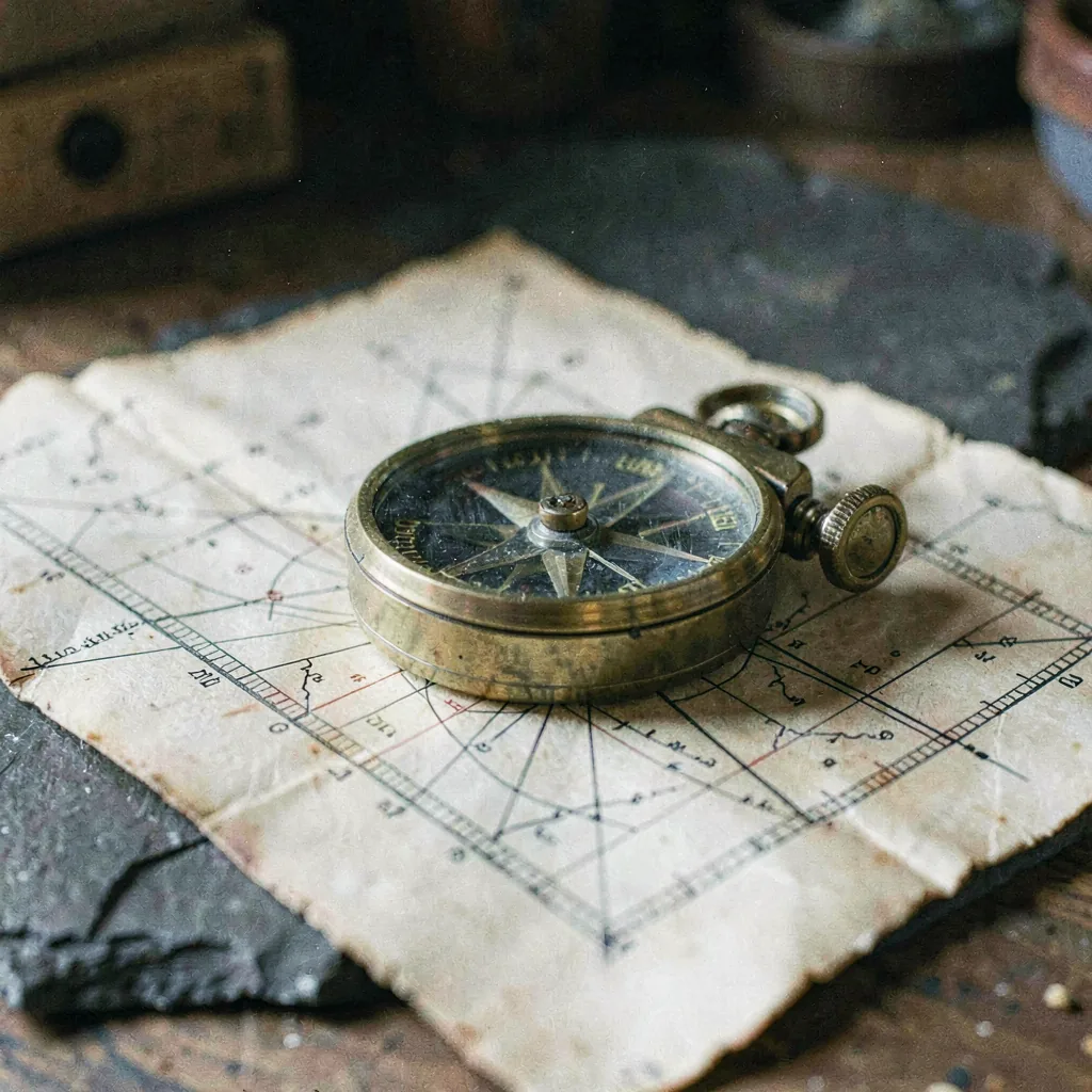 A brass sighting compass on a worn chart