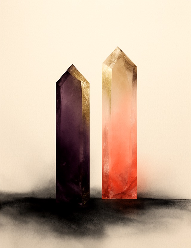 Abstract plum and ember glass forms for the profile artwork
